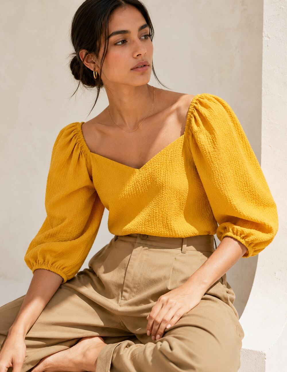 Cuyana Marigold Textured Puff Sleeve Square Neck Blouse | Balloon Sleeve | XS